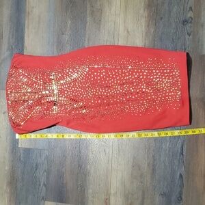 Cache orange gold strapless bodycon dress bling